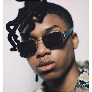 Rectangle Sunglasses Gold Frame‎ Black Lens Retro Vintage Fashion Men Trendy New